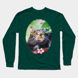 Cat Playful Portrait and Butterfly Long Sleeve T-Shirt